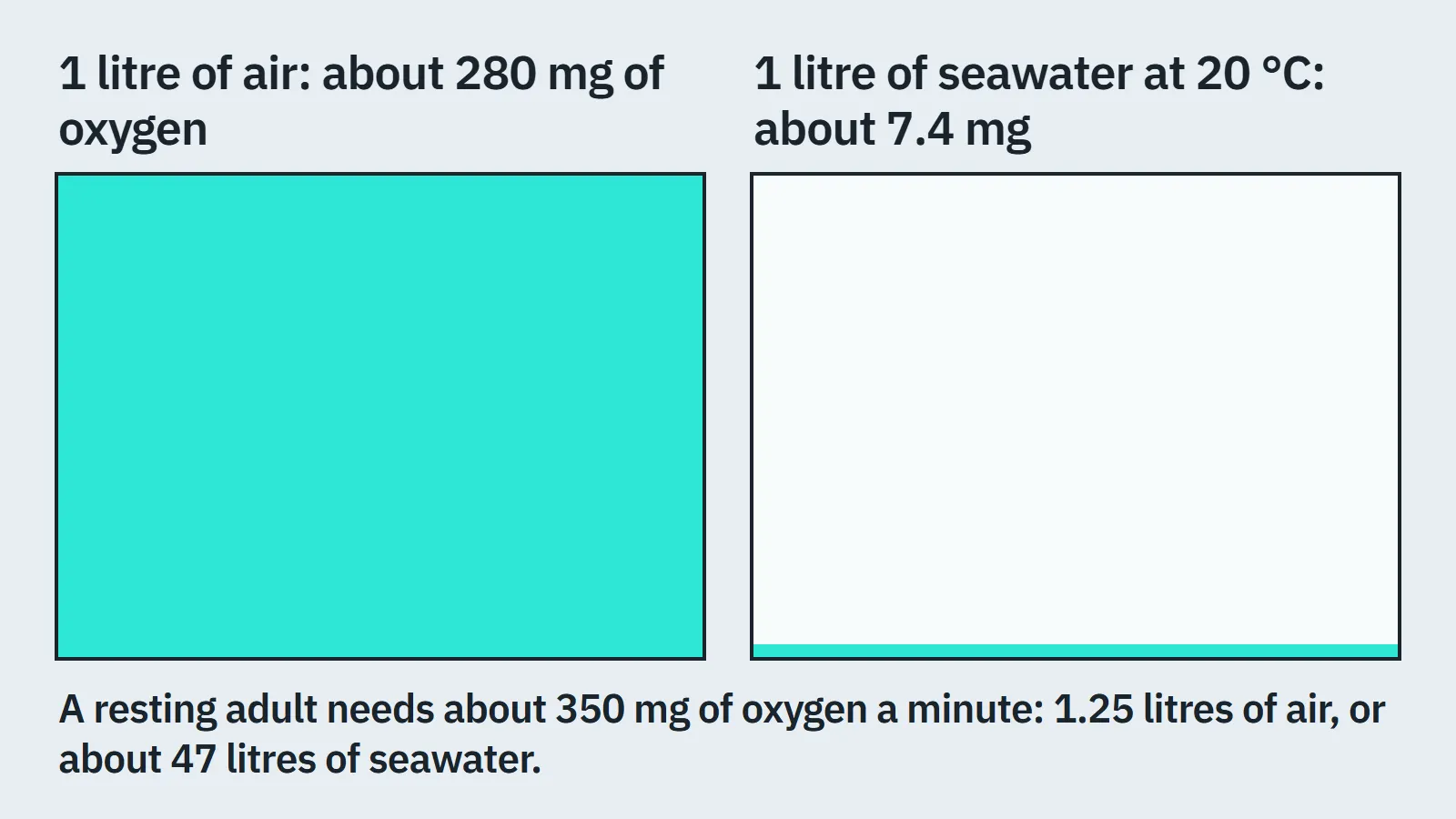 Bar comparison: a litre of air holds about 280 mg of oxygen and a litre of seawater about 7.4 mg, so a resting adult would need about 47 litres of seawater a minute instead of 1.25 litres of air.